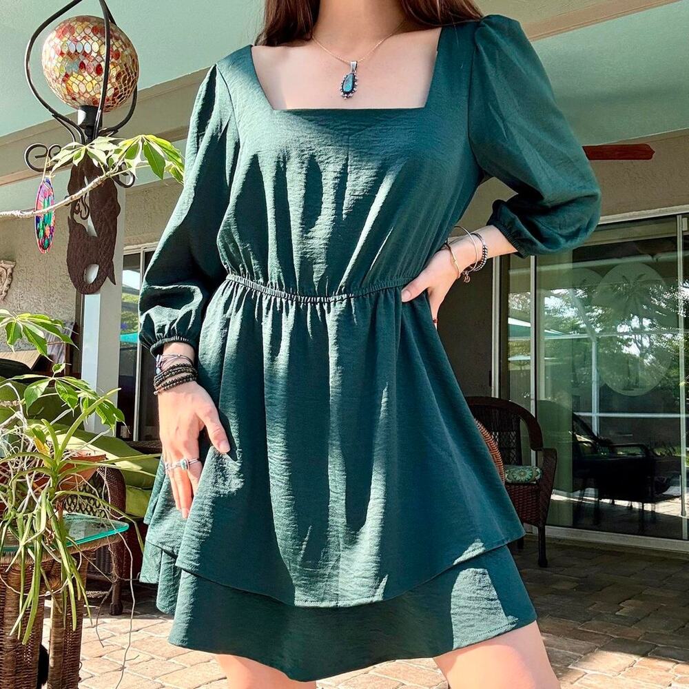 Green Satin Square Neck Dress